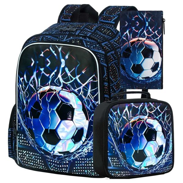 3Pcs Soccer Backpack for Boys, 17" Kids School Bookbag with Lunch Box, Football Backpacks Set 